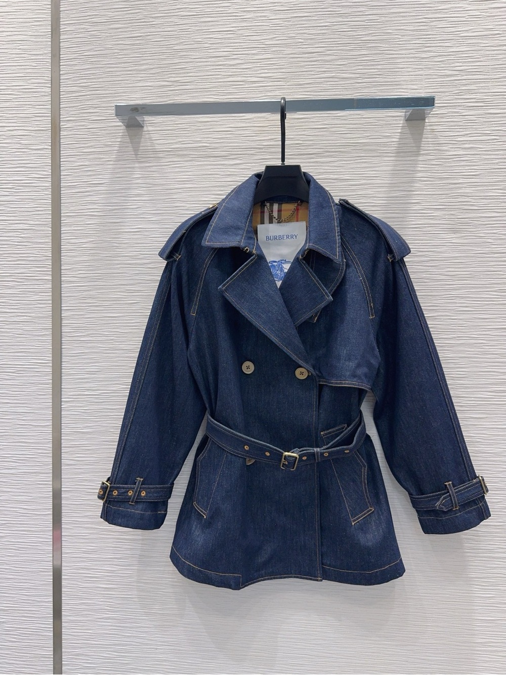 🔵 Burberry Dark Denim Short Trench Coat with Check Lining